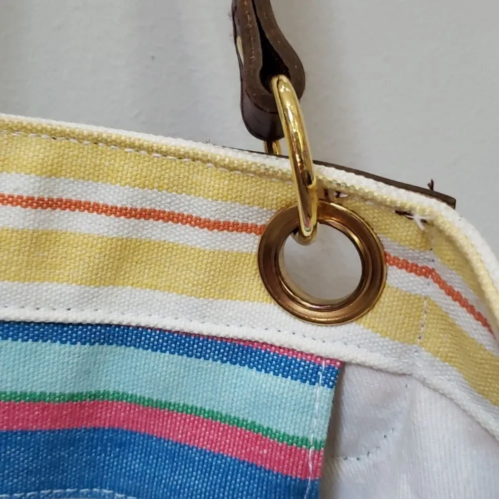 Talbots Tote Colorful Striped Cotton Leather Double Handles XL Beach Mom Stuff